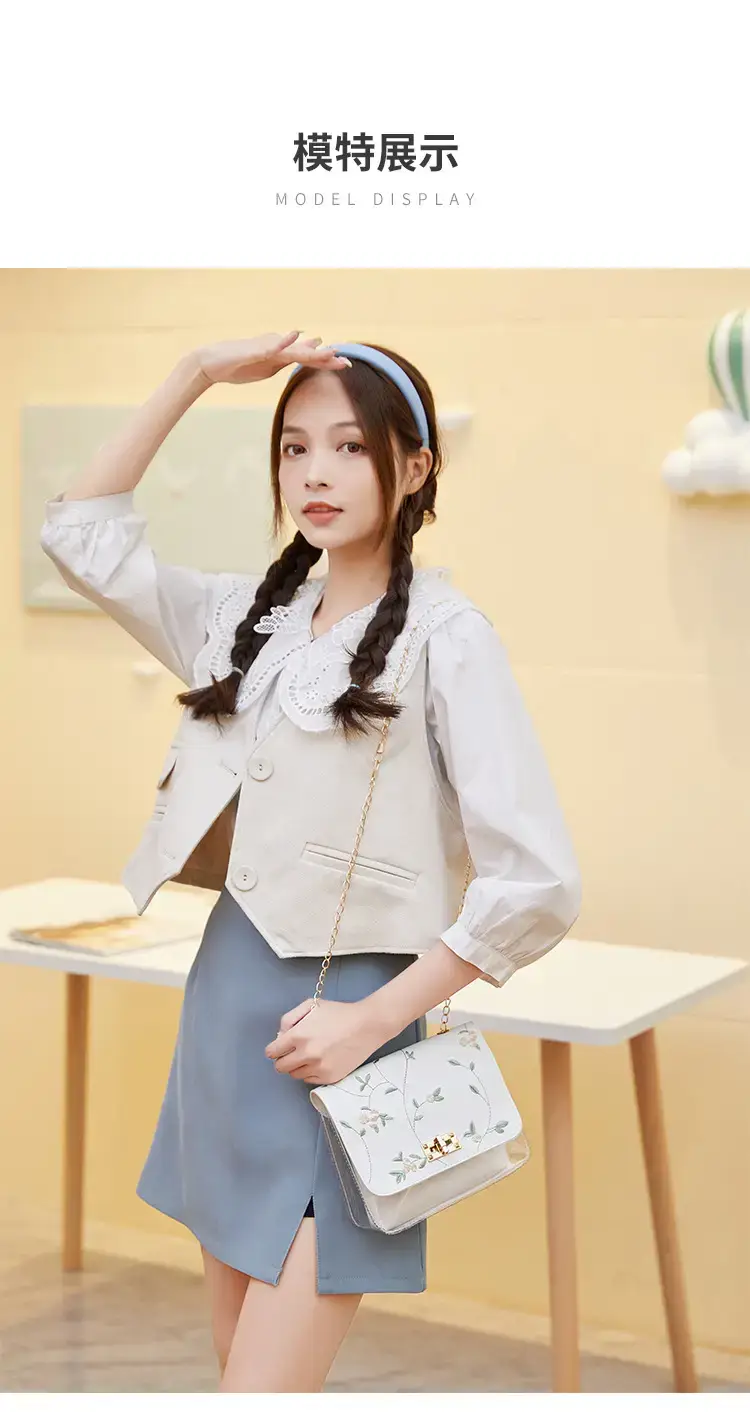 White Antique Embroidered Shoulder Bag with Chain — feature 12