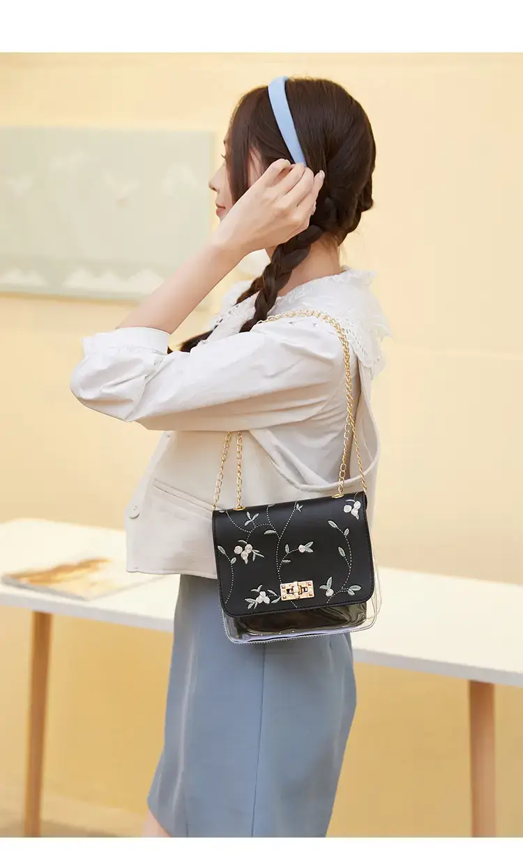 White Antique Embroidered Shoulder Bag with Chain — feature 15