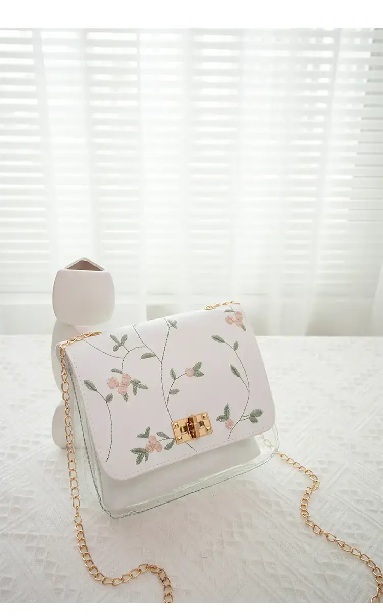 White Antique Embroidered Shoulder Bag with Chain — feature 17