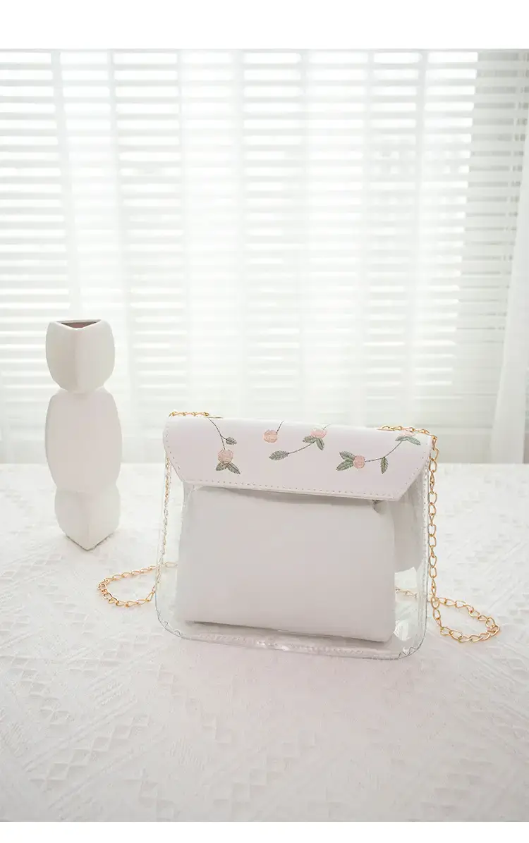 White Antique Embroidered Shoulder Bag with Chain — feature 18