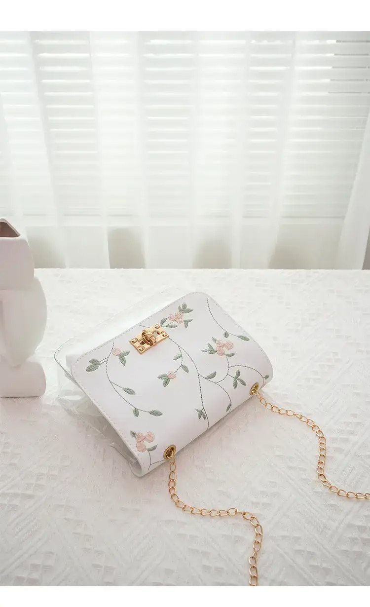 White Antique Embroidered Shoulder Bag with Chain — feature 21