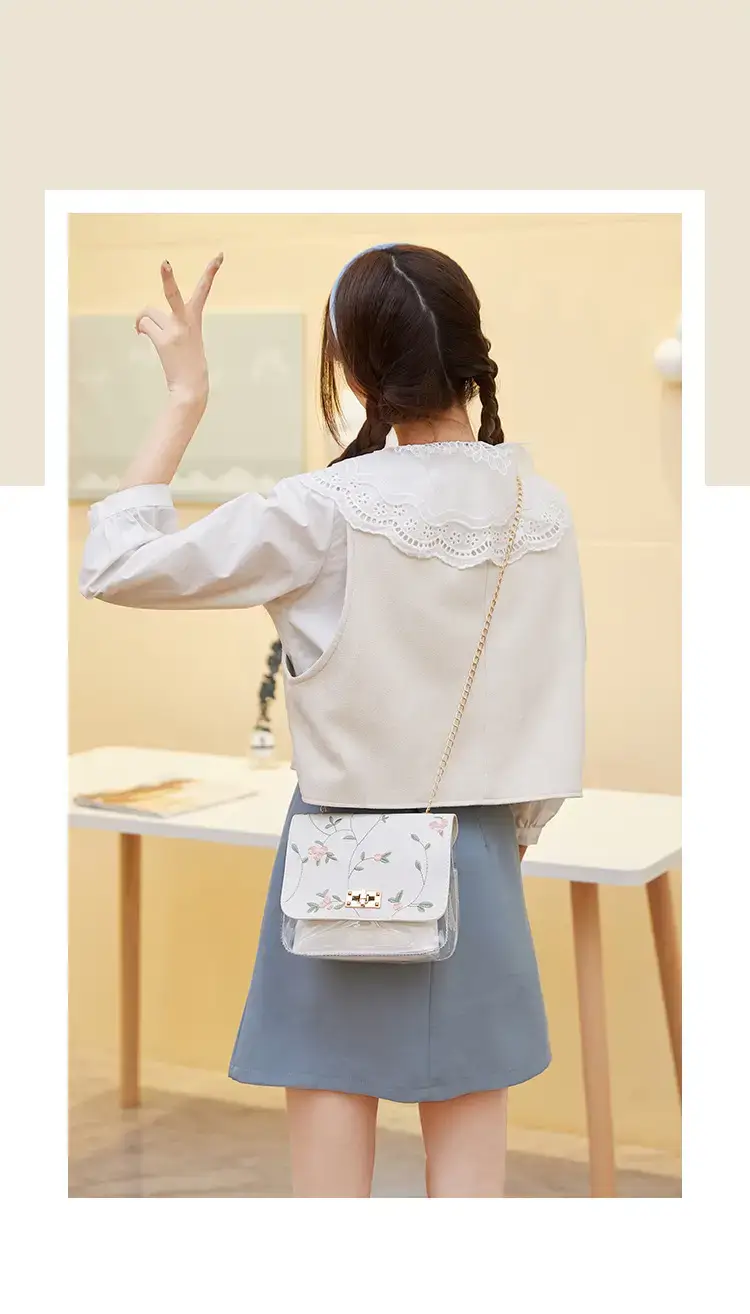 White Antique Embroidered Shoulder Bag with Chain — feature 3