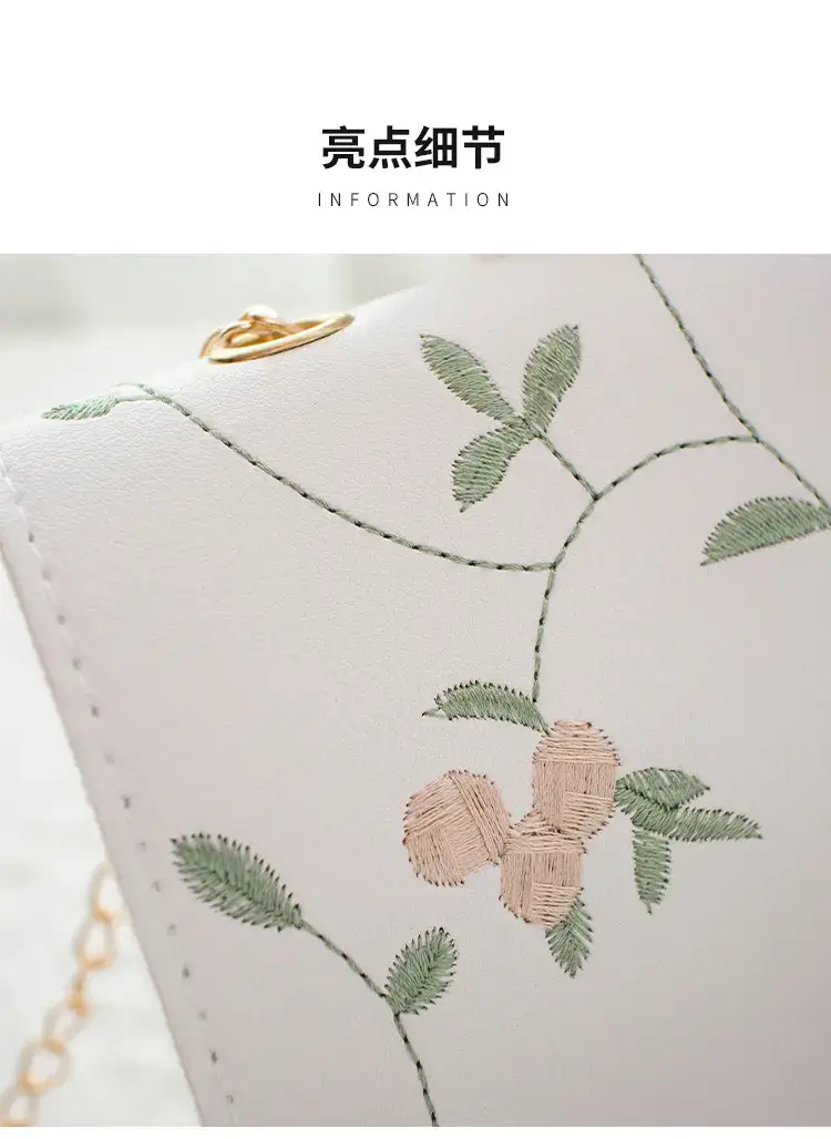 White Antique Embroidered Shoulder Bag with Chain — feature 9