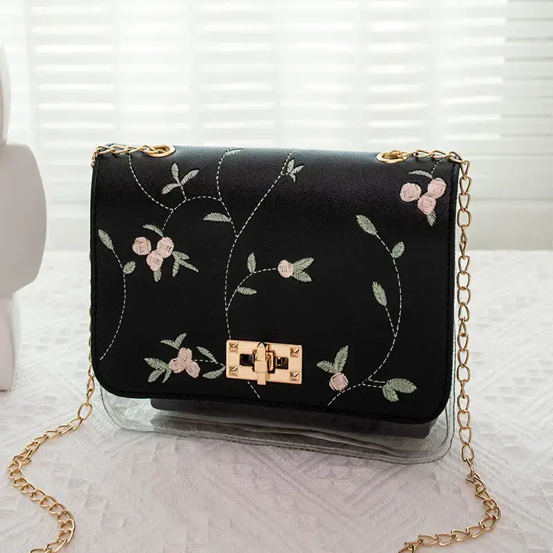 White Antique Embroidered Shoulder Bag with Chain - Image 2