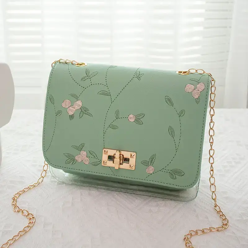 White Antique Embroidered Shoulder Bag with Chain - Image 3