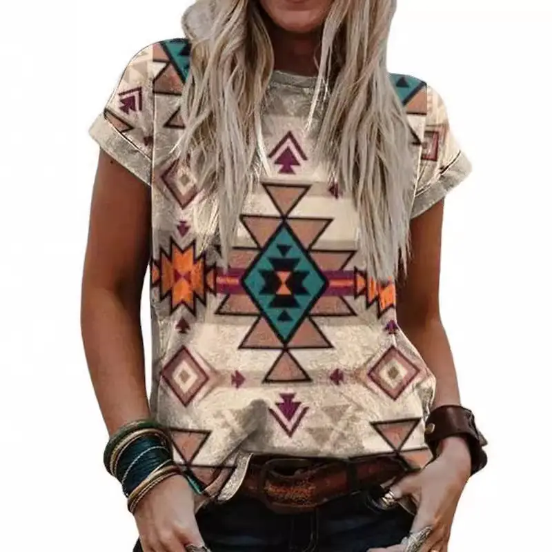 Cross-border 2024 European and American Women's Clothing Independent Station wish Retro Printing Western Ethnic Style Round Neck Short Sleeve T-shirt Top