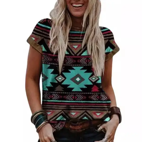 Cross-border 2024 European and American Women's Clothing Independent Station wish Retro Printing Western Ethnic Style Round Neck Short Sleeve T-shirt Top