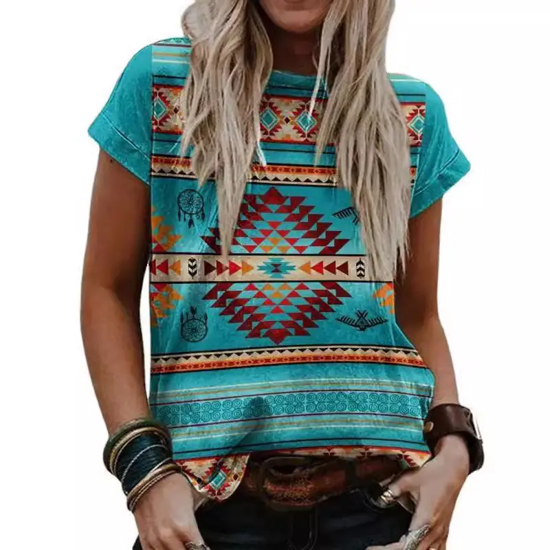 Cross-border 2024 European and American Women's Clothing Independent Station wish Retro Printing Western Ethnic Style Round Neck Short Sleeve T-shirt Top