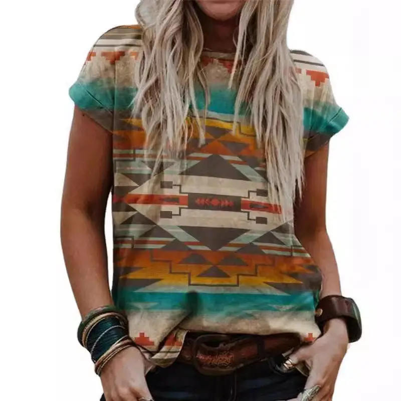 Cross-border 2024 European and American Women's Clothing Independent Station wish Retro Printing Western Ethnic Style Round Neck Short Sleeve T-shirt Top