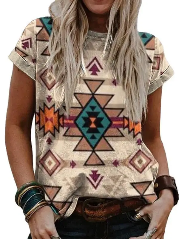 Cross-border 2024 European and American Women's Clothing Independent Station wish Retro Printing Western Ethnic Style Round Neck Short Sleeve T-shirt Top