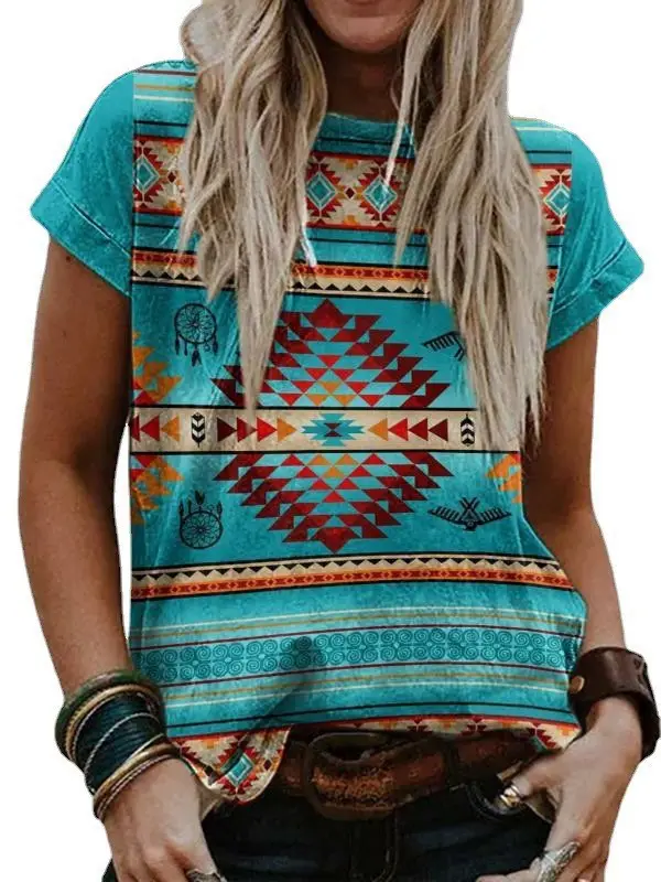 Cross-border 2024 European and American Women's Clothing Independent Station wish Retro Printing Western Ethnic Style Round Neck Short Sleeve T-shirt Top
