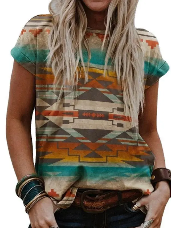 Cross-border 2024 European and American Women's Clothing Independent Station wish Retro Printing Western Ethnic Style Round Neck Short Sleeve T-shirt Top