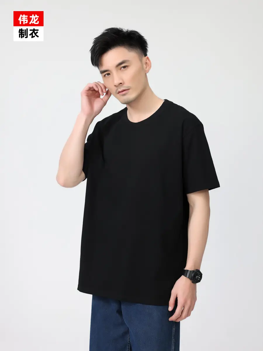 Men Cotton T-Shirt Light Purple Loose Sleeve Crewneck