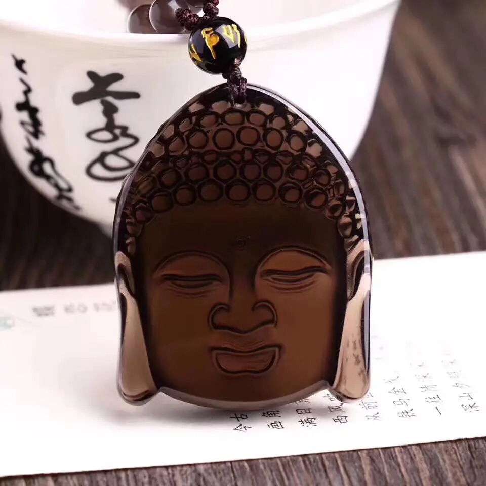 Obsidian Buddha Head Pendant Sakyamuni Carved Jewelry