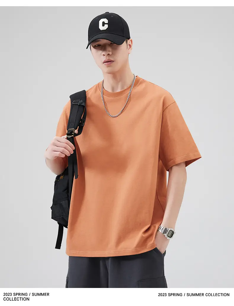 Men's Pure Cotton Summer T-Shirt Orange Loose Crewneck — feature 67