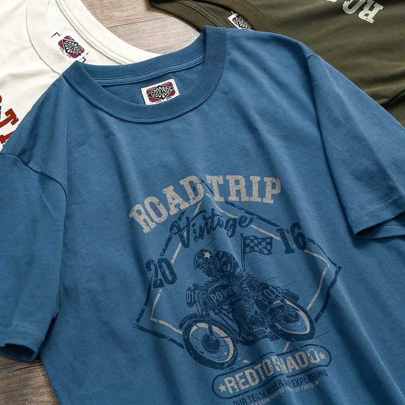 Men Blue Motorcycle Printed T-Shirt with Guochao Bag - Image 9