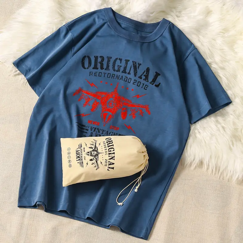 Men Blue Motorcycle Printed T-Shirt with Guochao Bag - Image 5
