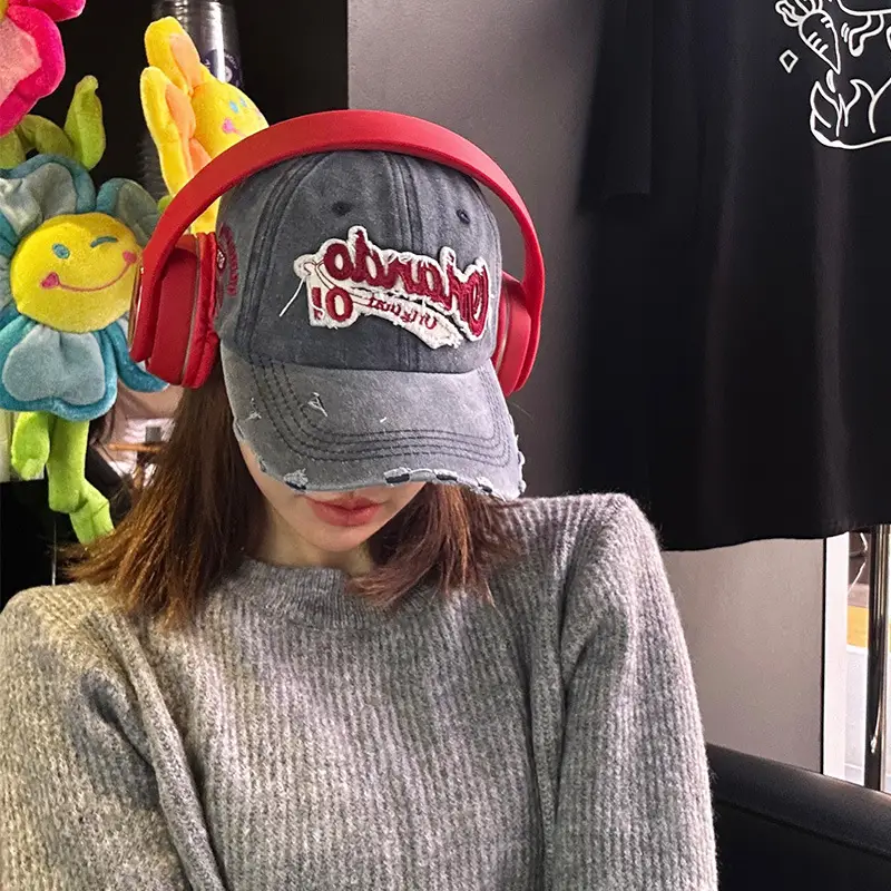 Retro Baseball Cap Women Big Head Wash Ripped Cowboy Cap