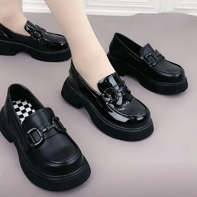 Women's Black Checkered Platform Loafers Slip-On - Image 4
