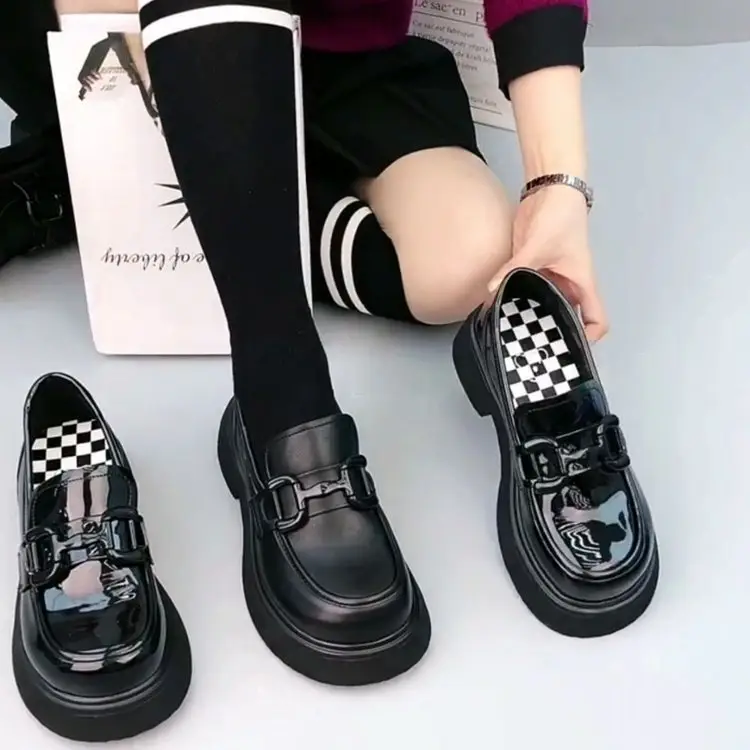 Women's Black Checkered Platform Loafers Slip-On - Image 5