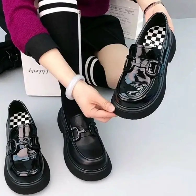 Women's Black Checkered Platform Loafers Slip-On - Image 6