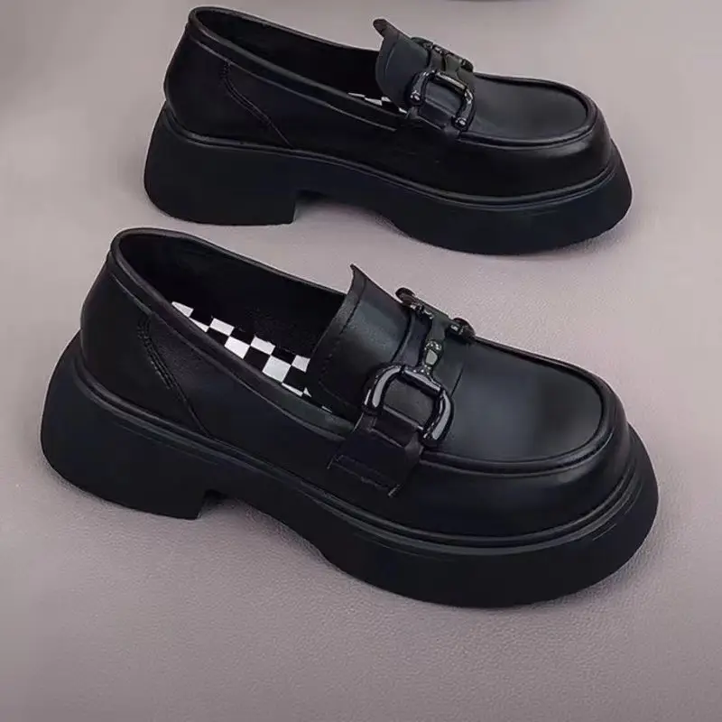 Women's Black Checkered Platform Loafers Slip-On - Image 2