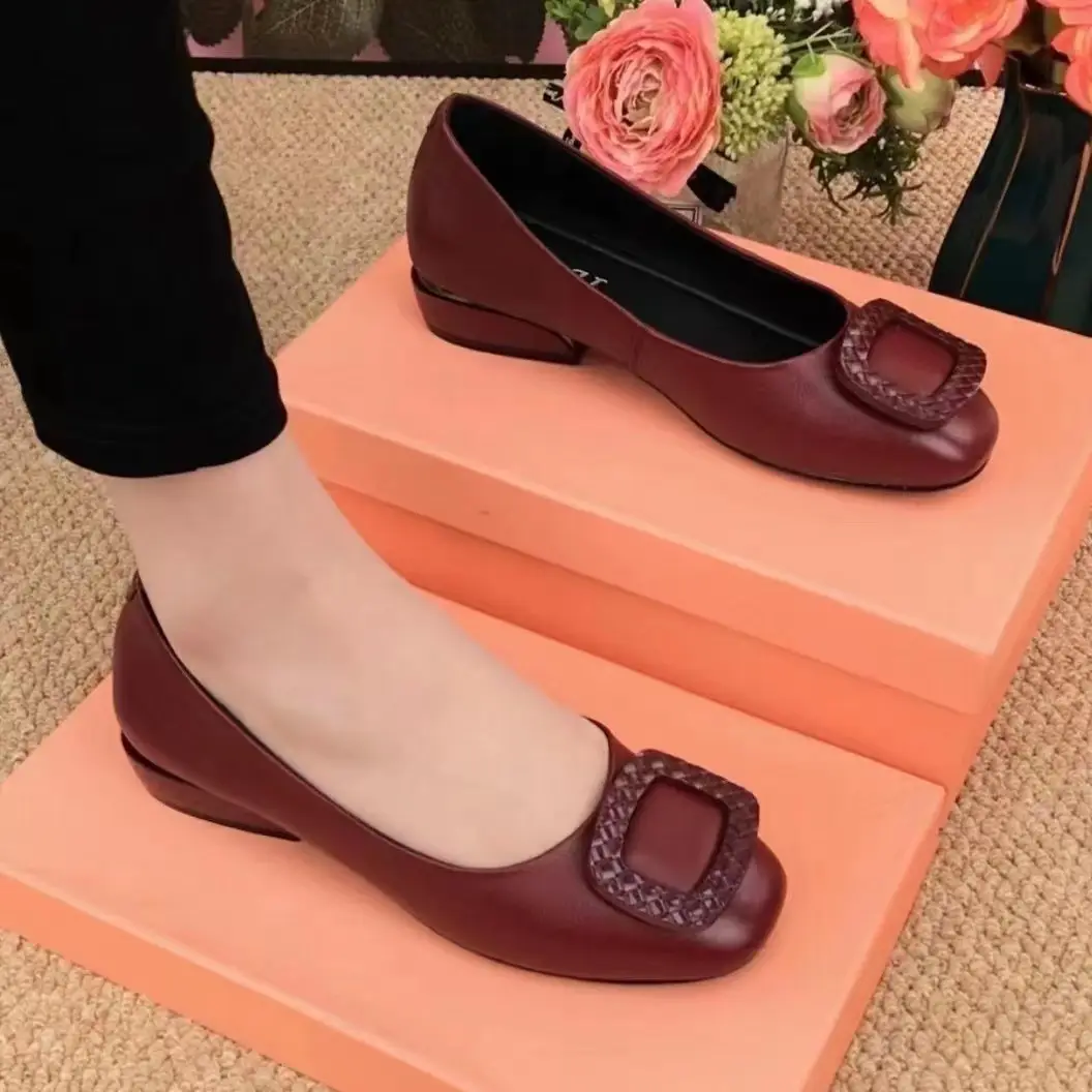 Women Black Low Heeled Flat Shoes Maroon Soft Leather 2023 - Image 5