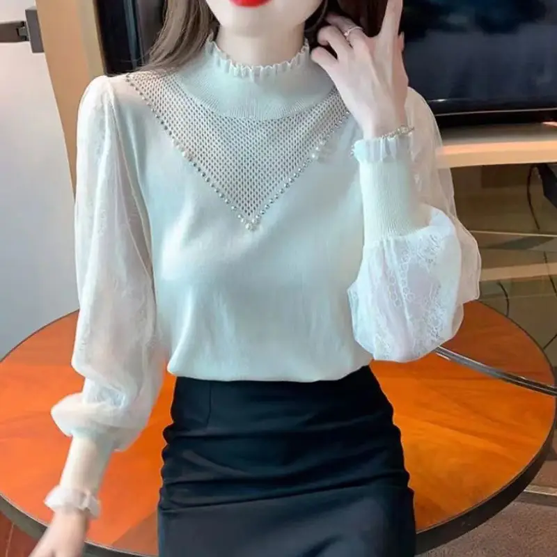 Women Lace Knit Top with Hollow Out Sleeve 2025 Spring - Image 2