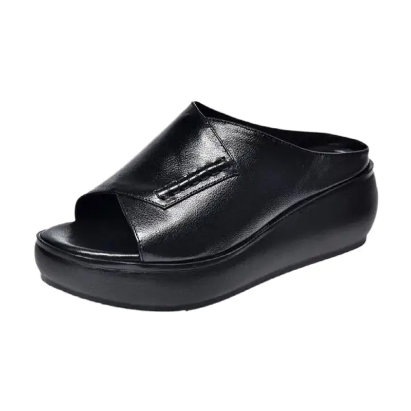 Sandals and Slippers Women's Spring and Summer Outer Wear 2023 New Soft Leather Thick-soled Height-increasing Soft-soled Shoes Fish-mouth Shoes Women's Slippers - Image 8