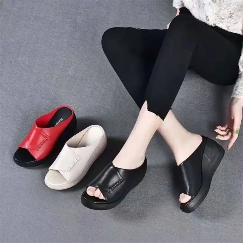 Sandals and Slippers Women's Spring and Summer Outer Wear 2023 New Soft Leather Thick-soled Height-increasing Soft-soled Shoes Fish-mouth Shoes Women's Slippers — feature 2