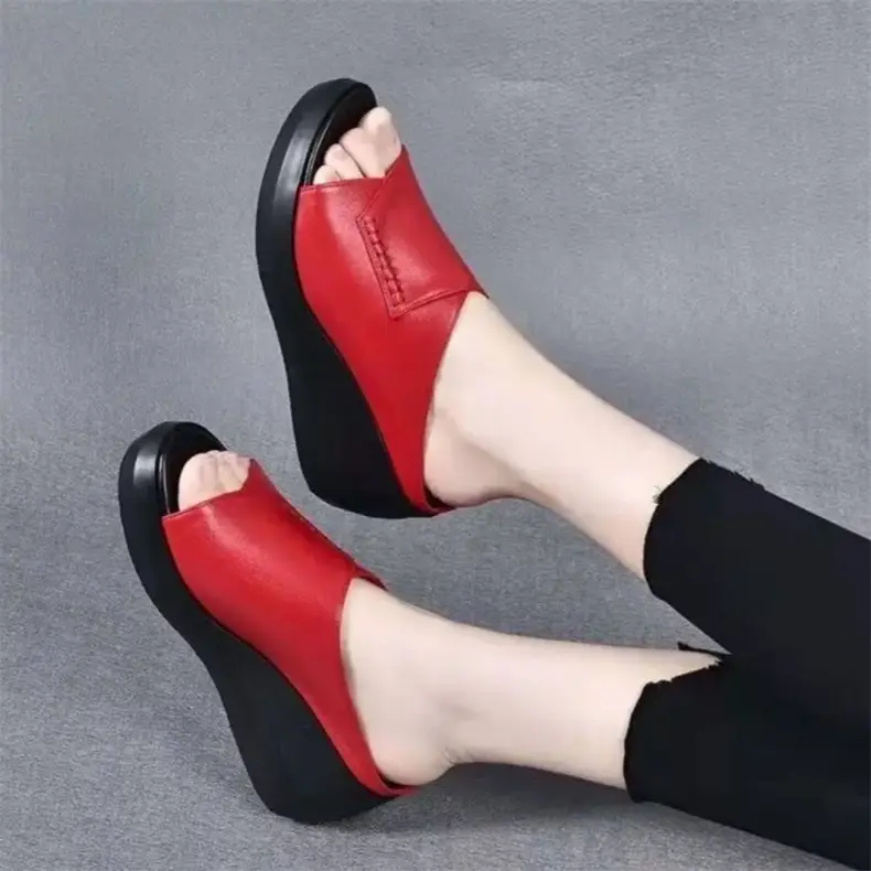 Sandals and Slippers Women's Spring and Summer Outer Wear 2023 New Soft Leather Thick-soled Height-increasing Soft-soled Shoes Fish-mouth Shoes Women's Slippers — feature 4