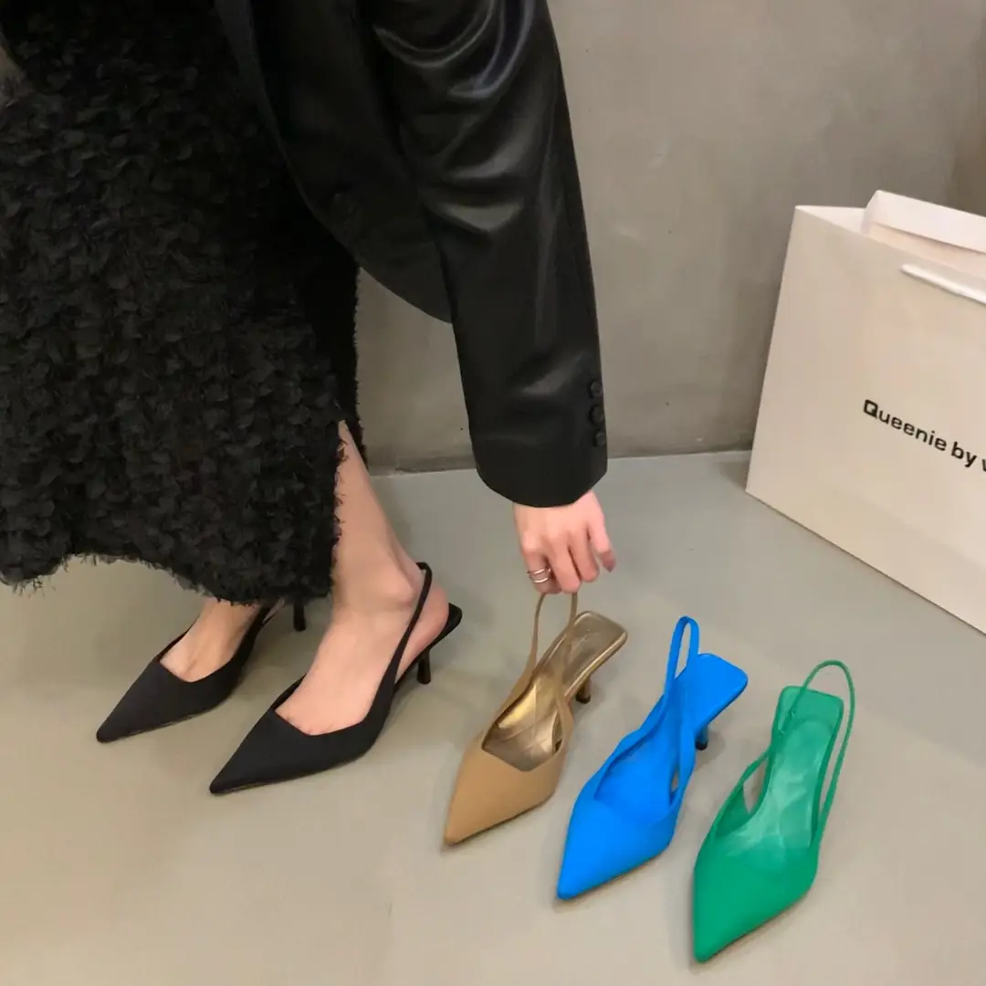 French High Heel Black Toe Sandals Fairy Shoes 2023 Spring and Summer Niche High-End Satin Pointed Shoes - Image 7
