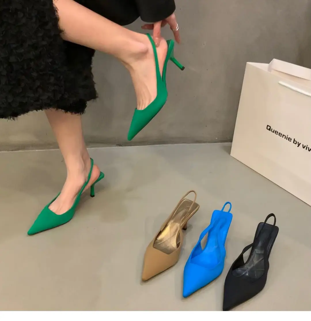 French High Heel Black Toe Sandals Fairy Shoes 2023 Spring and Summer Niche High-End Satin Pointed Shoes — feature 5