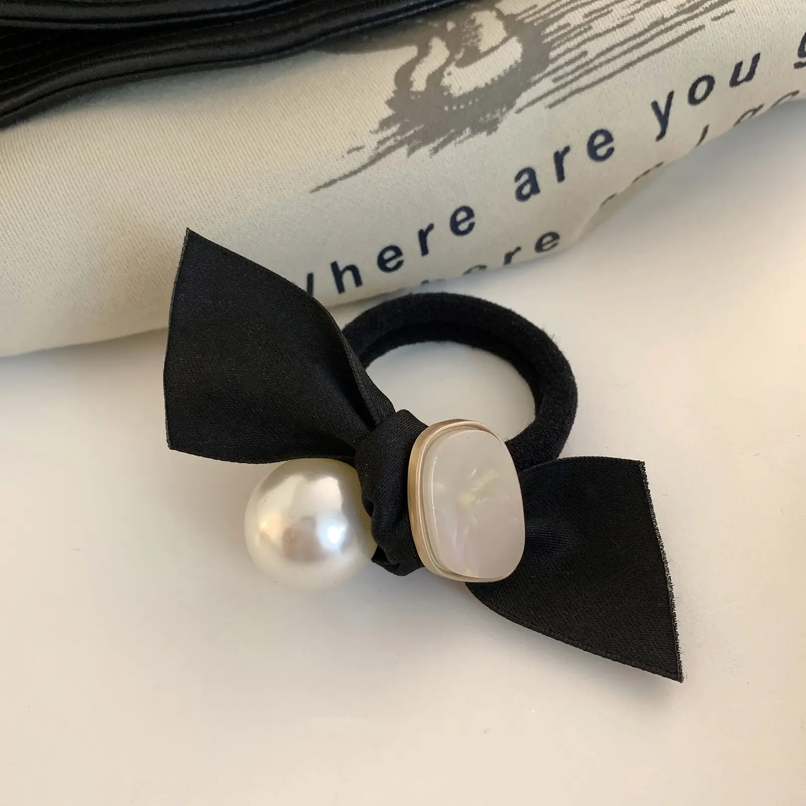 Pearl Bow Hair Tie with Silver Gemstone & Black Band - Image 2