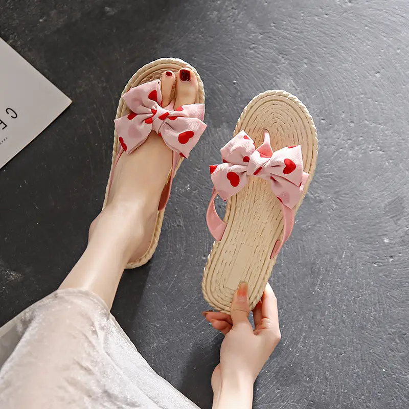 Women's Pink Bow Floral Flip Flops Summer Wear