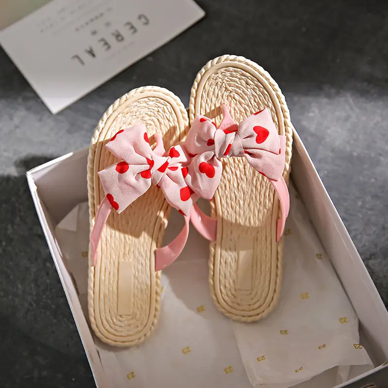Women's Pink Bow Floral Flip Flops Summer Wear