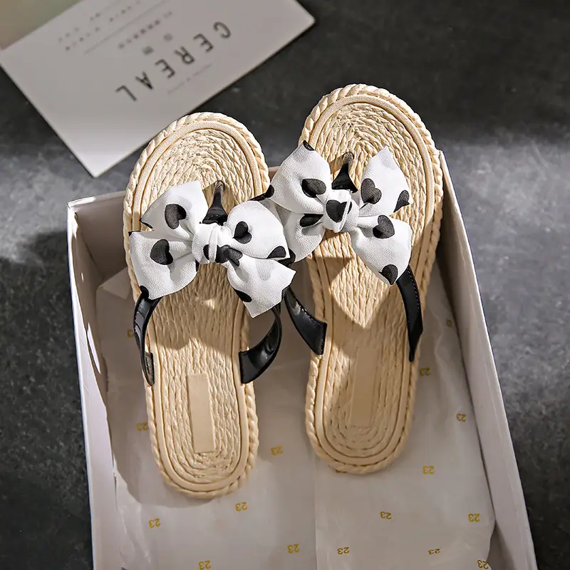 Women's Pink Bow Floral Flip Flops Summer Wear