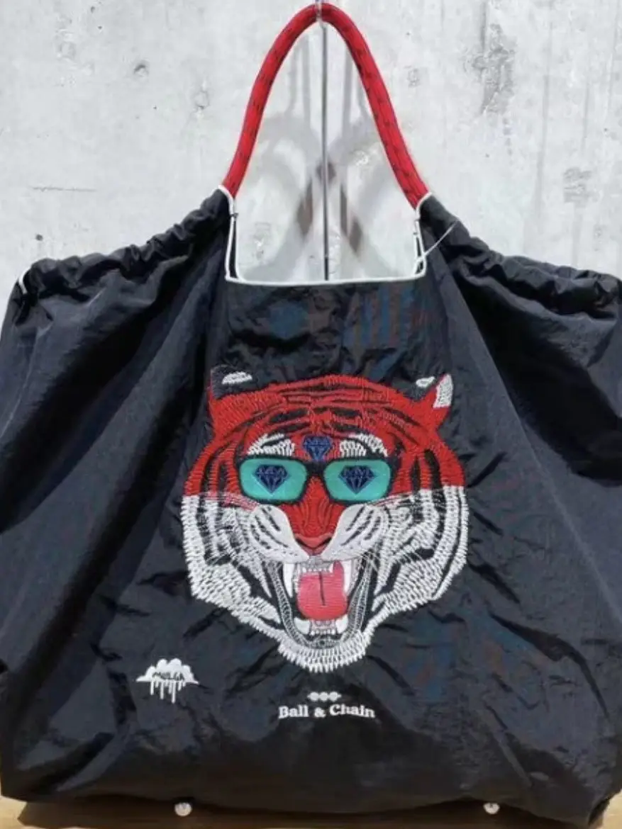 Tiger Head Embroidered Eco-Friendly Tote Bag Large Capacity Nylon Crossbody Foldable Handbag Shoulder Bag Trendy Tote - Image 2