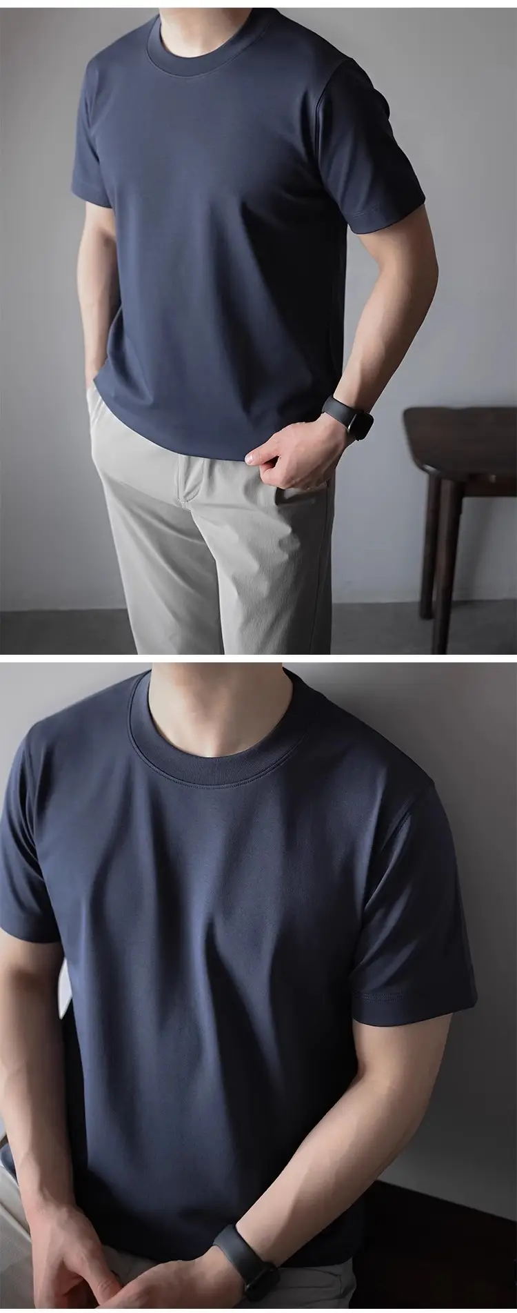Men's 240G Cotton T-Shirt Navy Blue Crew Neck Short Sleeve — feature 18