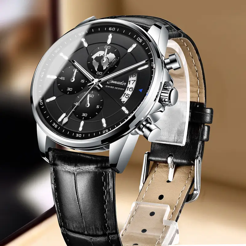 Men's Luxury Chronograph Watch with Luminous Dial & Leather Strap - Image 2