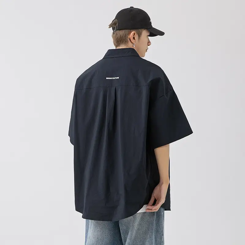 Men Black Flap Pocket Shirt Short Sleeve Spring Summer Loose - Image 5
