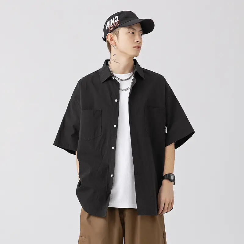 Men Black Flap Pocket Shirt Short Sleeve Spring Summer Loose - Image 6
