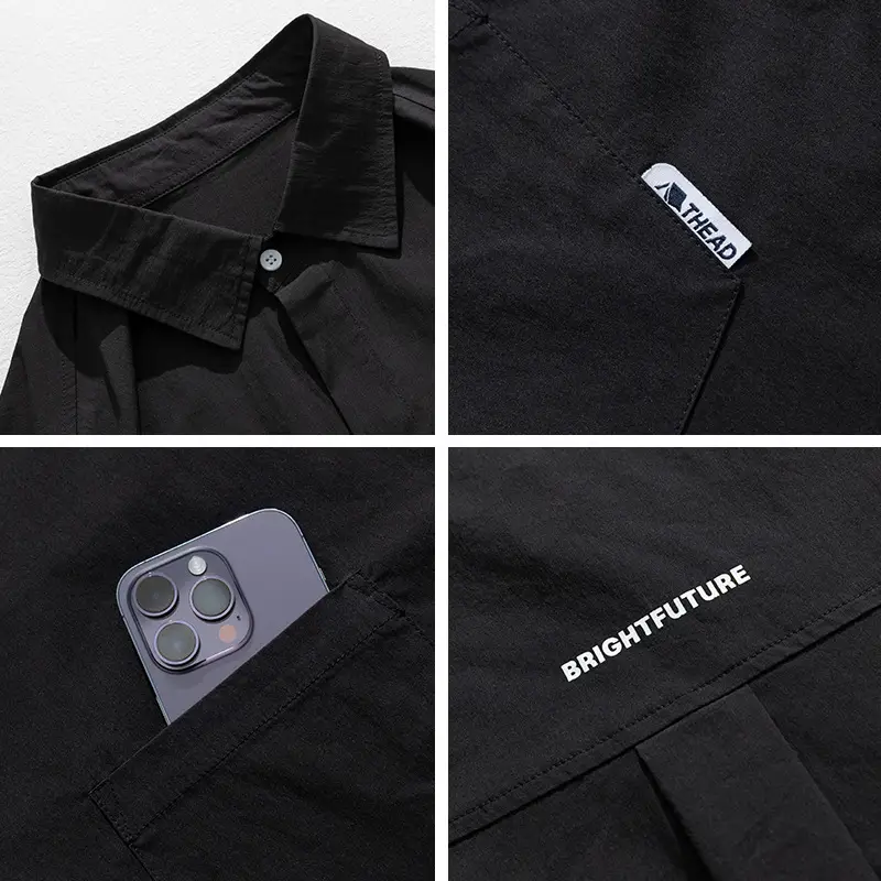 Men Black Flap Pocket Shirt Short Sleeve Spring Summer Loose - Image 7