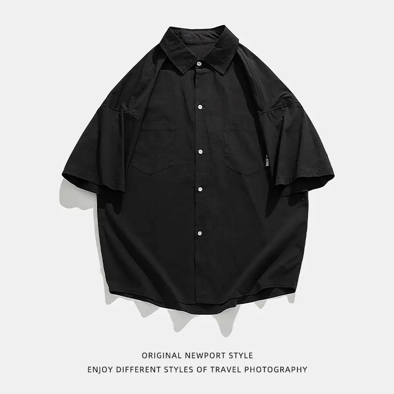 Men Black Flap Pocket Shirt Short Sleeve Spring Summer Loose - Image 8