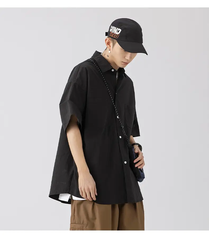 Men Black Flap Pocket Shirt Short Sleeve Spring Summer Loose — feature 10