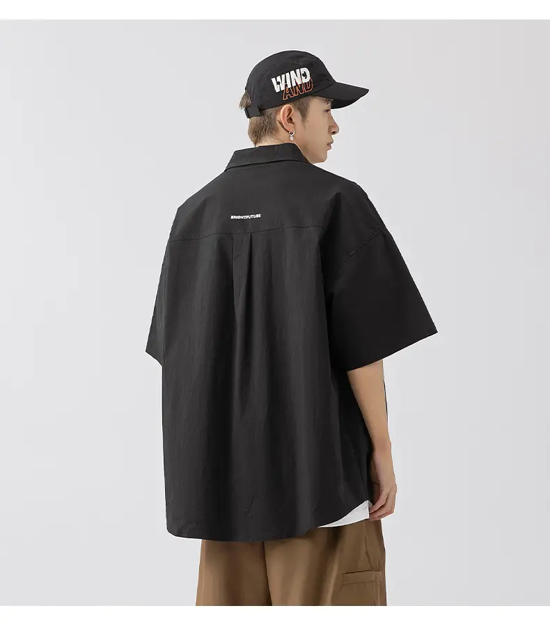 Men Black Flap Pocket Shirt Short Sleeve Spring Summer Loose — feature 11