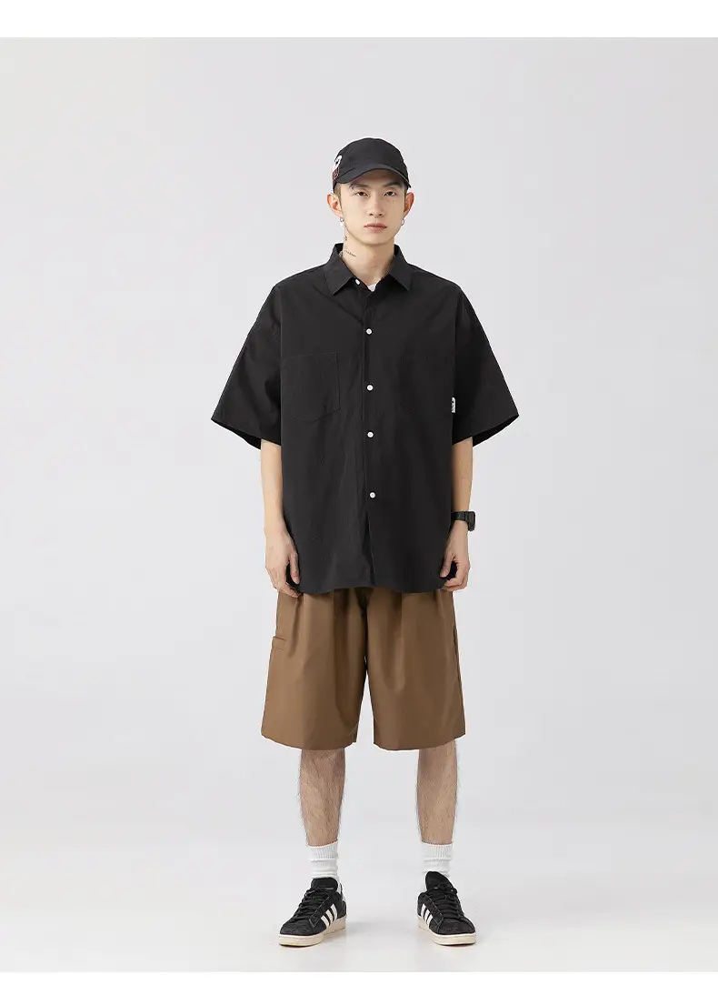 Men Black Flap Pocket Shirt Short Sleeve Spring Summer Loose — feature 12