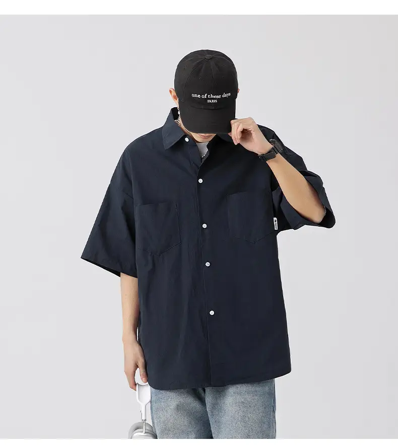 Men Black Flap Pocket Shirt Short Sleeve Spring Summer Loose — feature 13