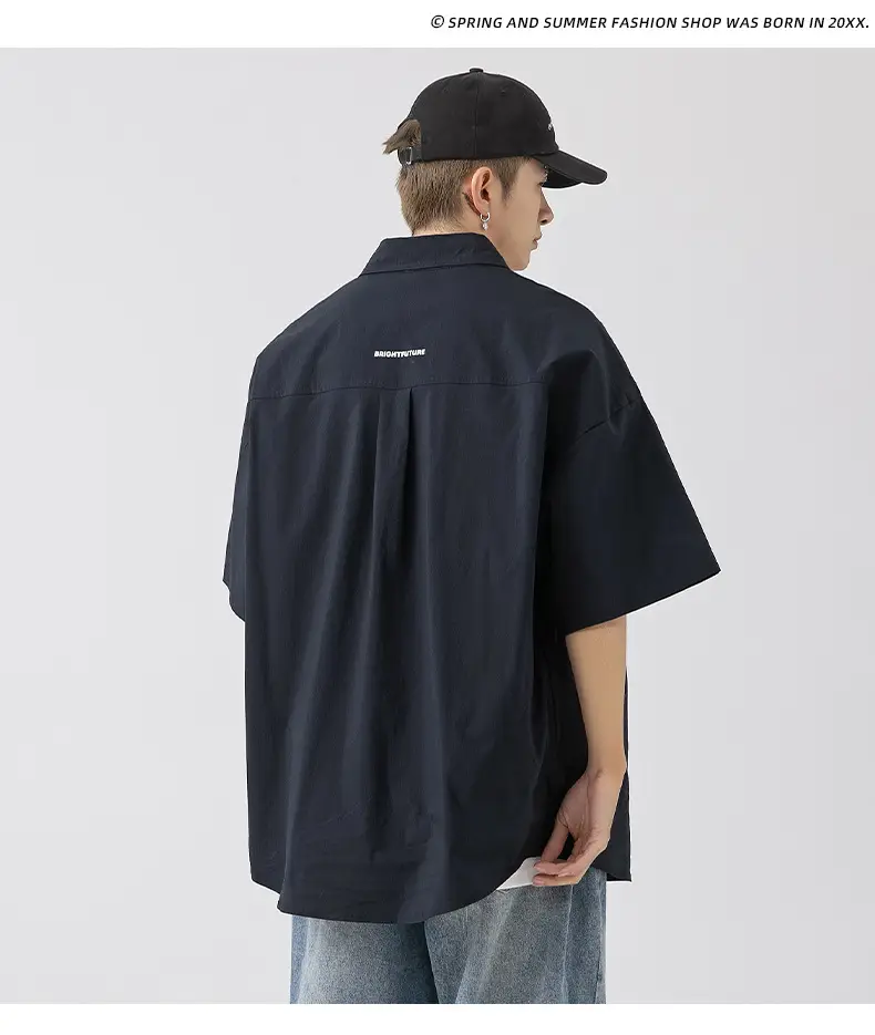 Men Black Flap Pocket Shirt Short Sleeve Spring Summer Loose — feature 14
