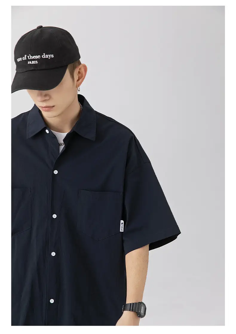 Men Black Flap Pocket Shirt Short Sleeve Spring Summer Loose — feature 15